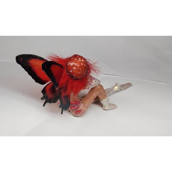 OOAK hand Crafted Sitting Fairy With Red Butterfly Wings And Mushroom Hat - Picture 9 of 12